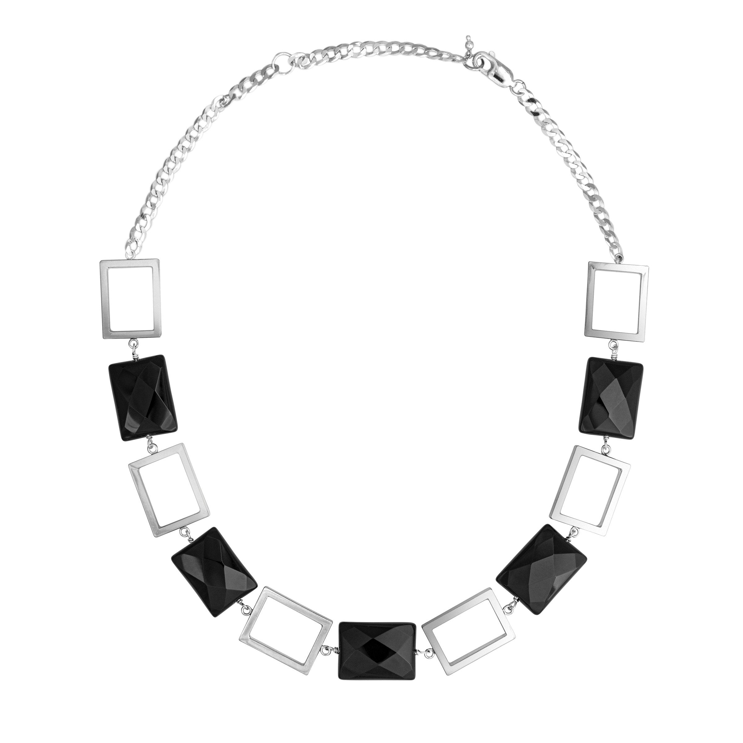 Silver Square &  Black Onyx Collar Necklace