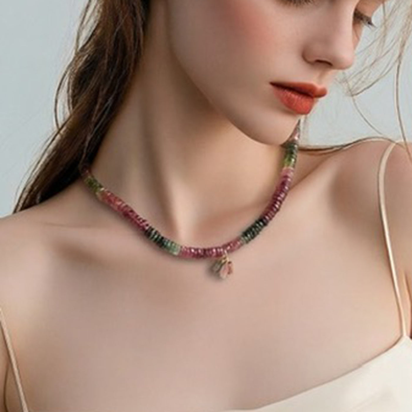 Multi-Tourmaline Slices Gold Necklace