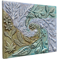 Spiral of Leaves Ceramic Wall Sculpture in Green Blue Glaze Swirl