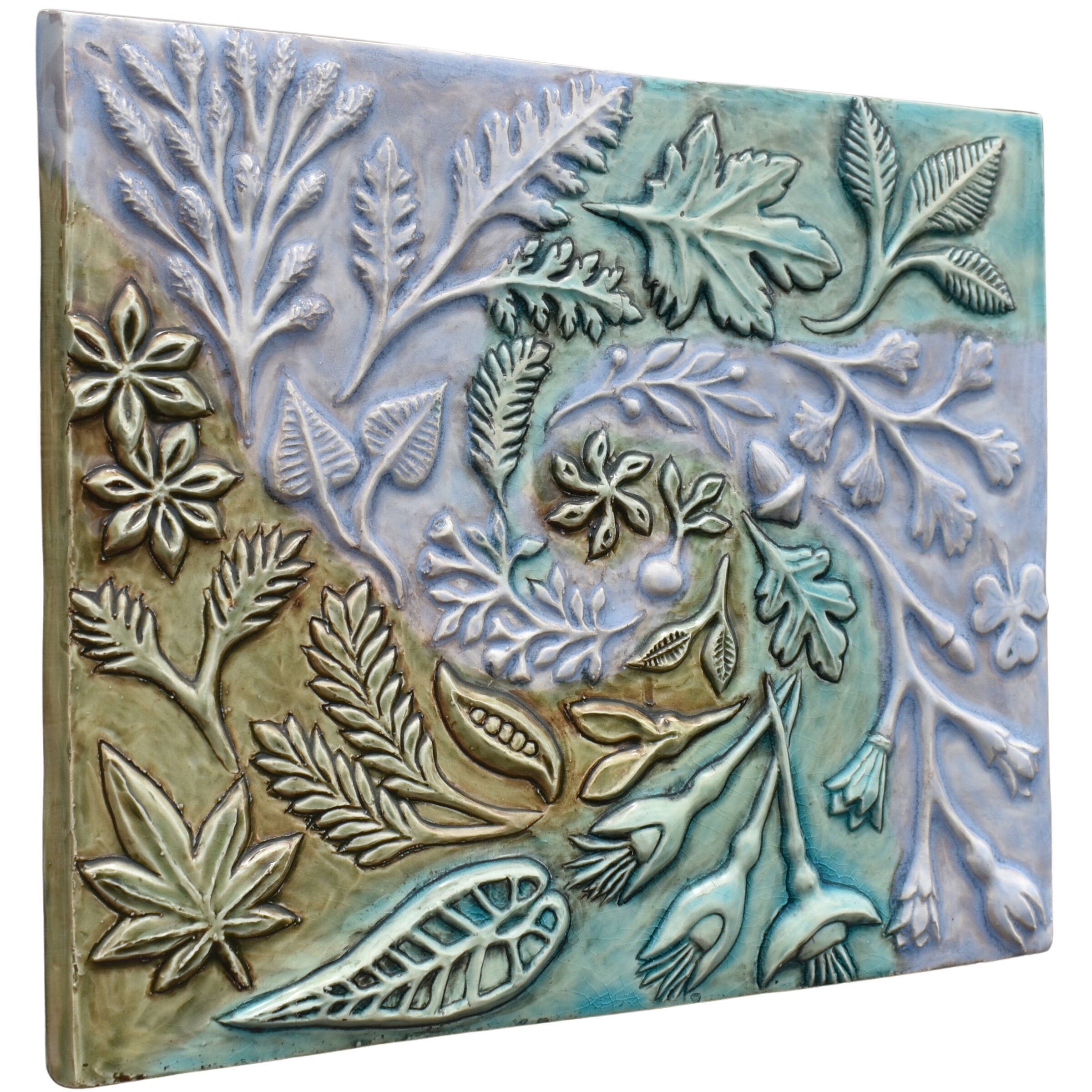 Spiral of Leaves Ceramic Wall Sculpture in Green Blue Glaze Swirl