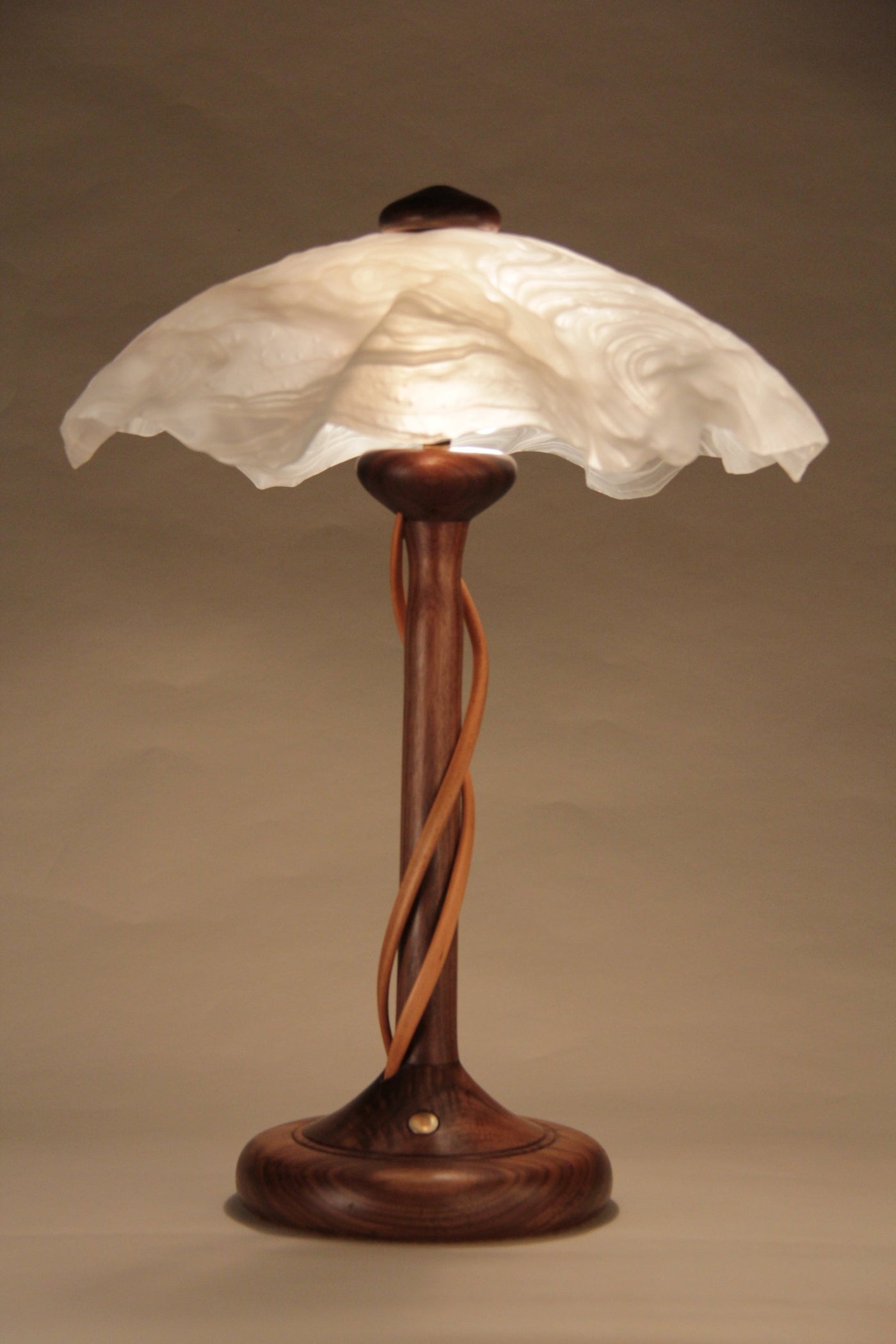 Walnut Table Lamp with Cherry tendrils,White Swirl Textured Shade