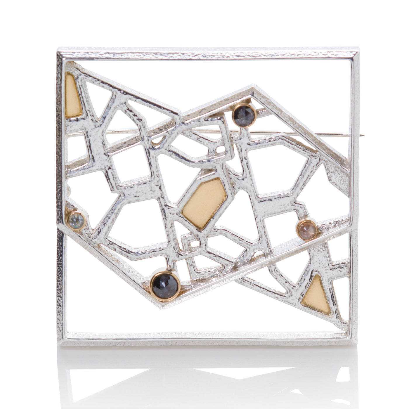Sterling Silver, Gold, and Diamond Textured Square Brooch