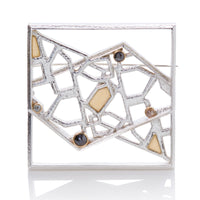Sterling Silver, Gold, and Diamond Textured Square Brooch