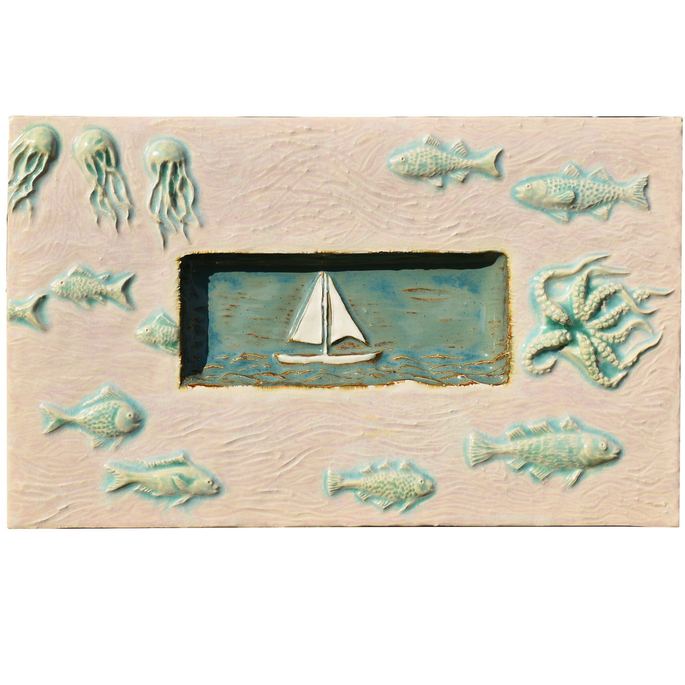 Sail Boat Marine Tile in White Matte and Antique Teal Gloss Glazes