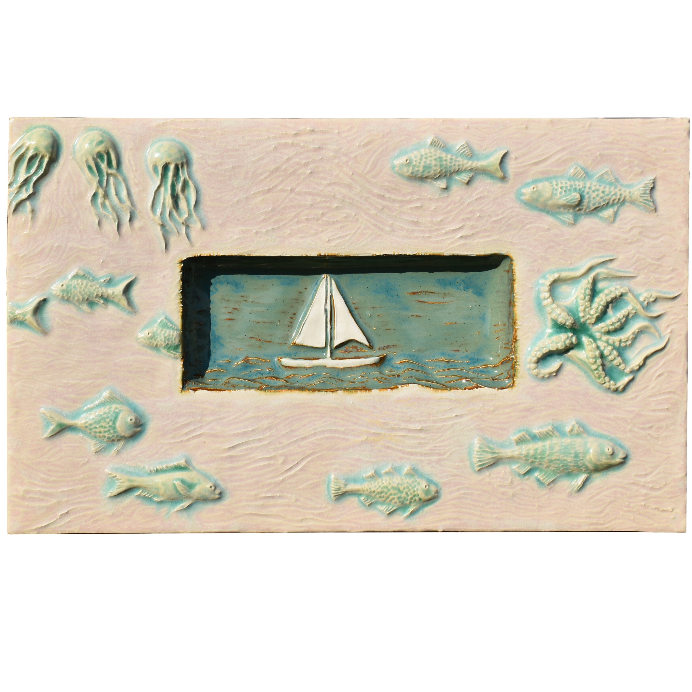 Sail Boat Marine Tile in White Matte and Antique Teal Gloss Glazes