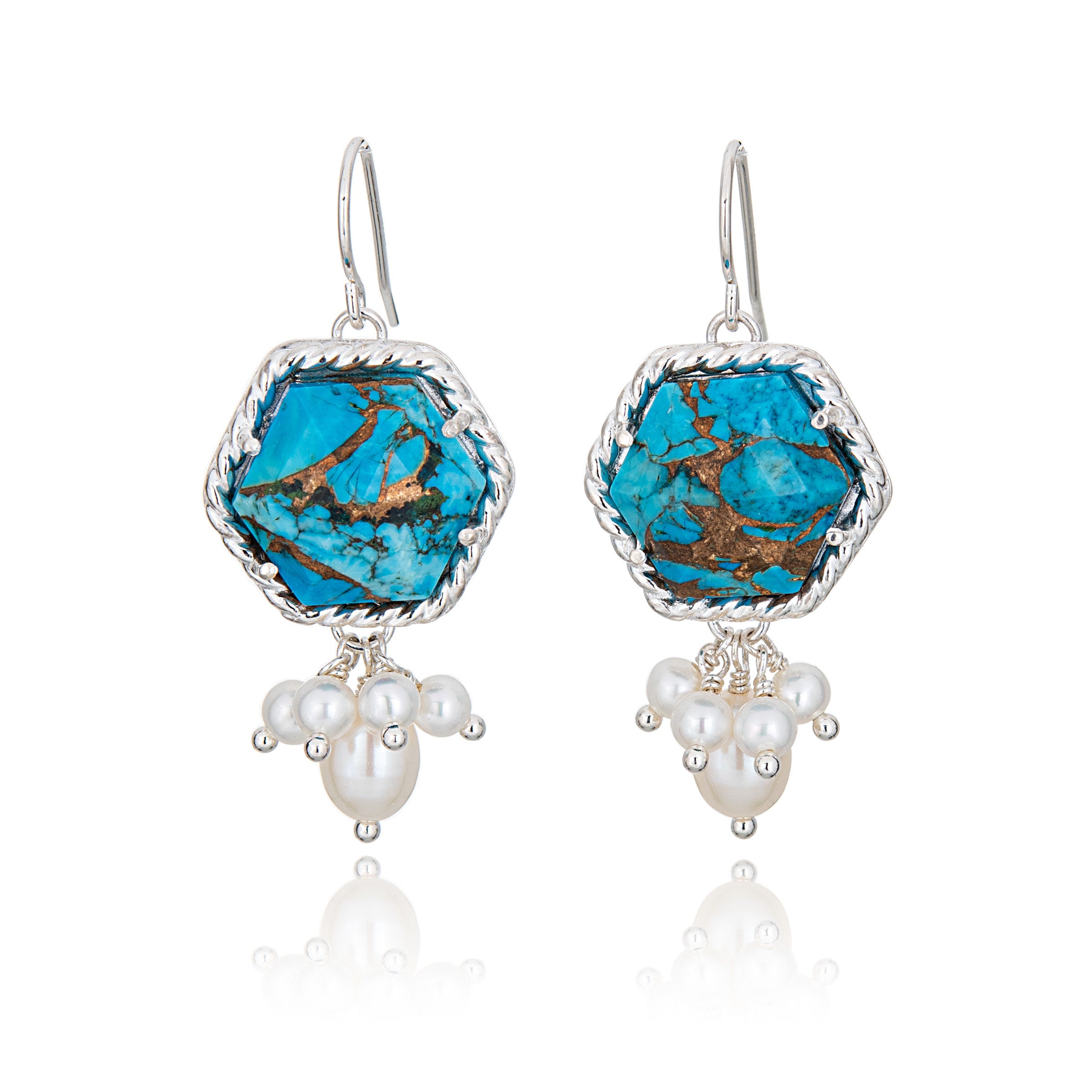 Hexagonal Copper Turquoise & Pearl Earrings
