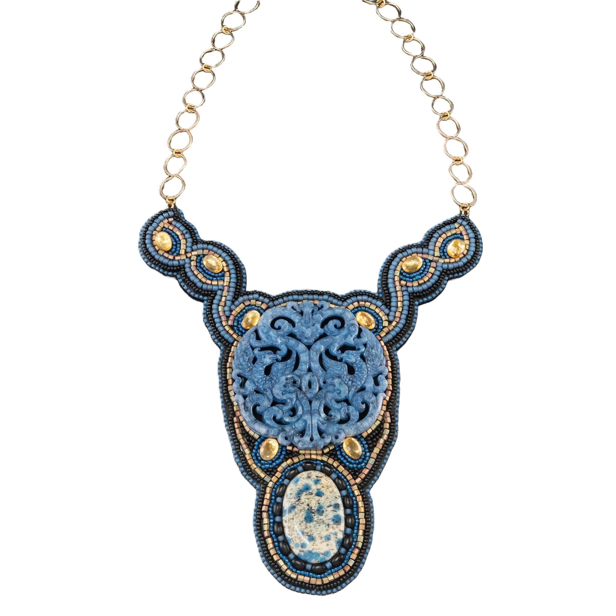 Blue Jade Embroidered Statement Necklace