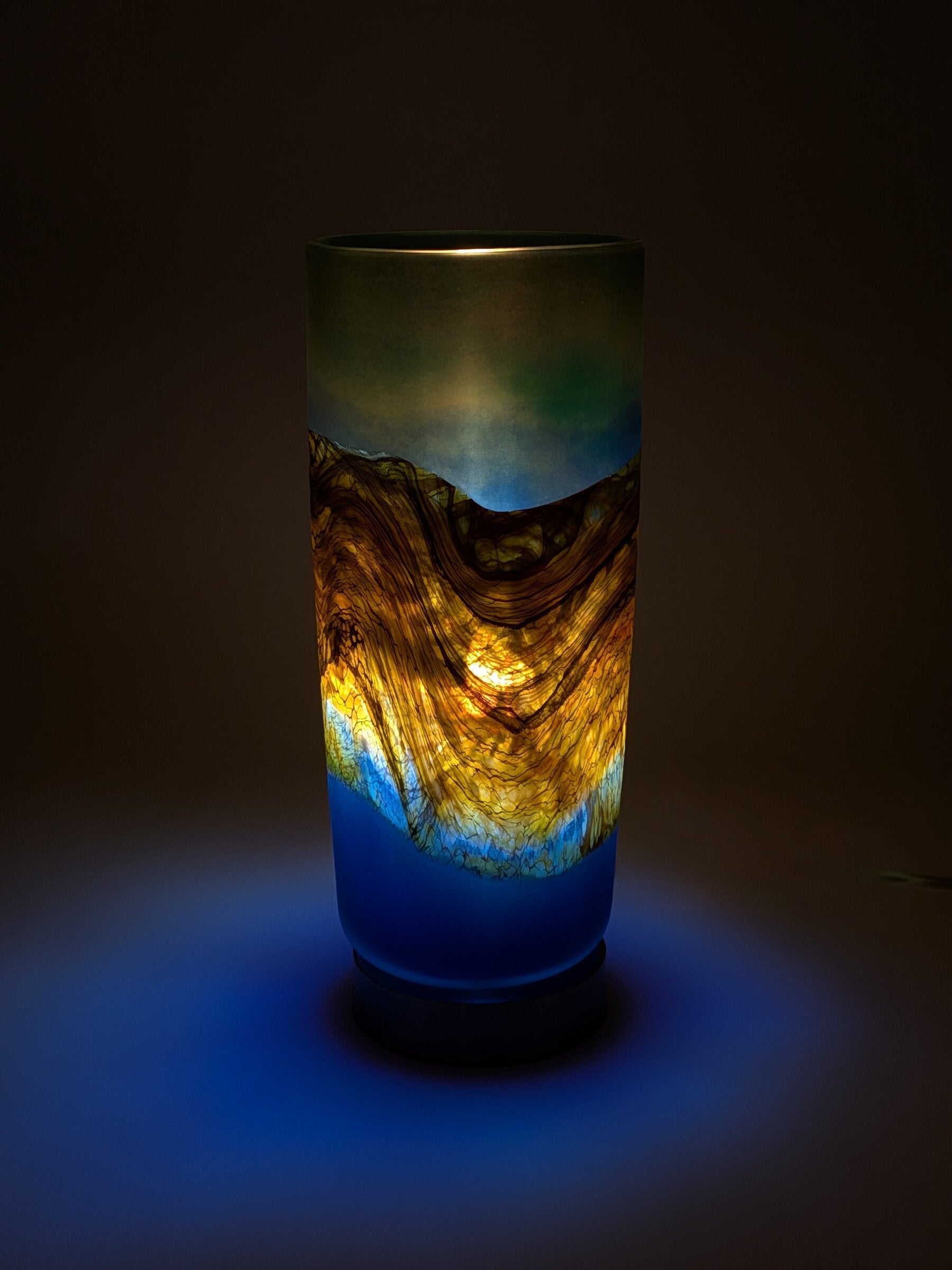 (Satin Strata Pillar Lamp in Sage and Cobalt