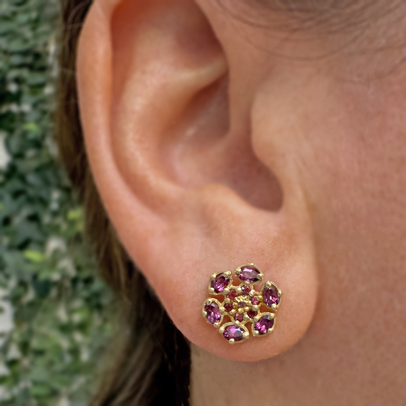 Bloom Stud Earrings with Rubellite, Tourmaline, and Rhodolite Garnet