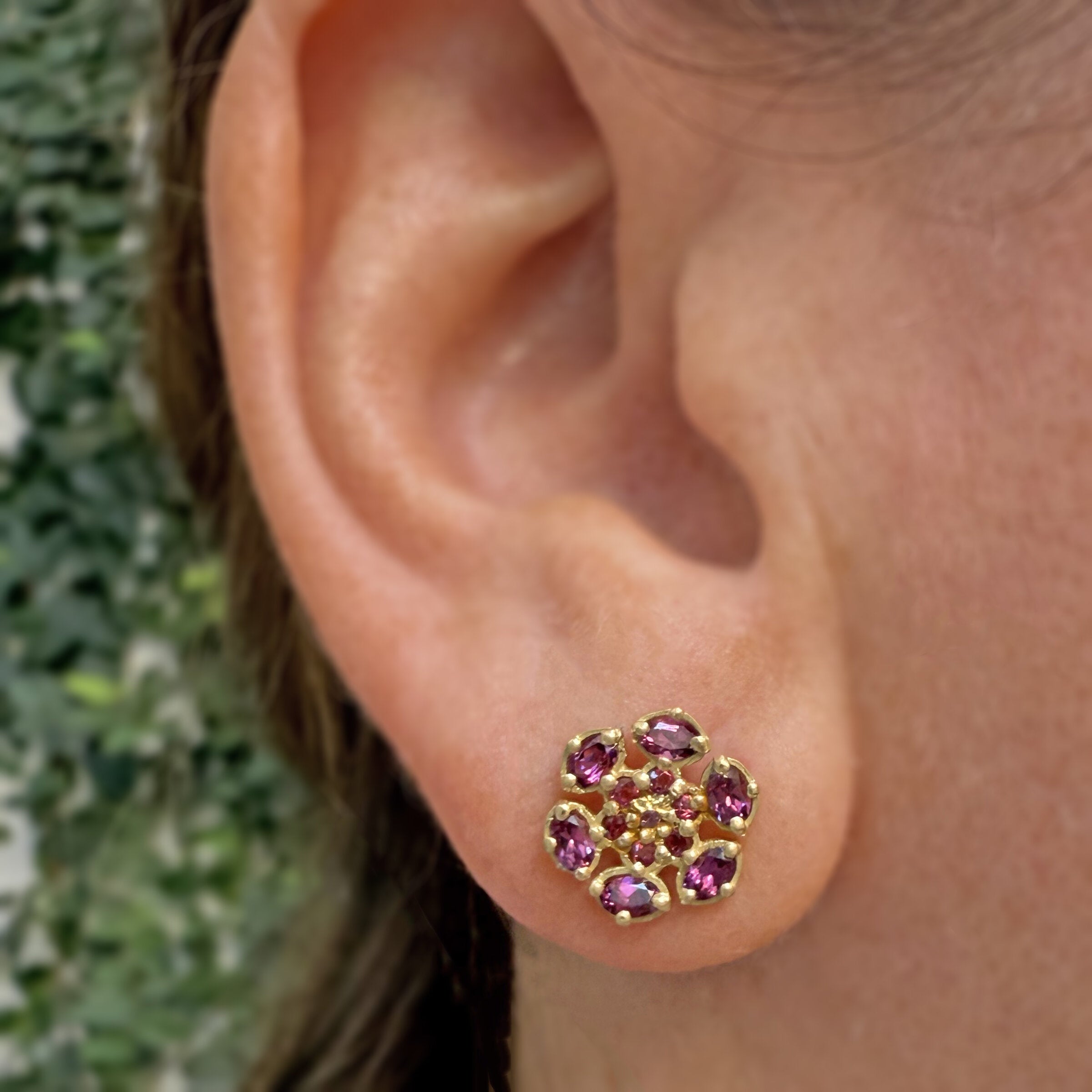 Bloom Stud Earrings with Rubellite, Tourmaline, and Rhodolite Garnet