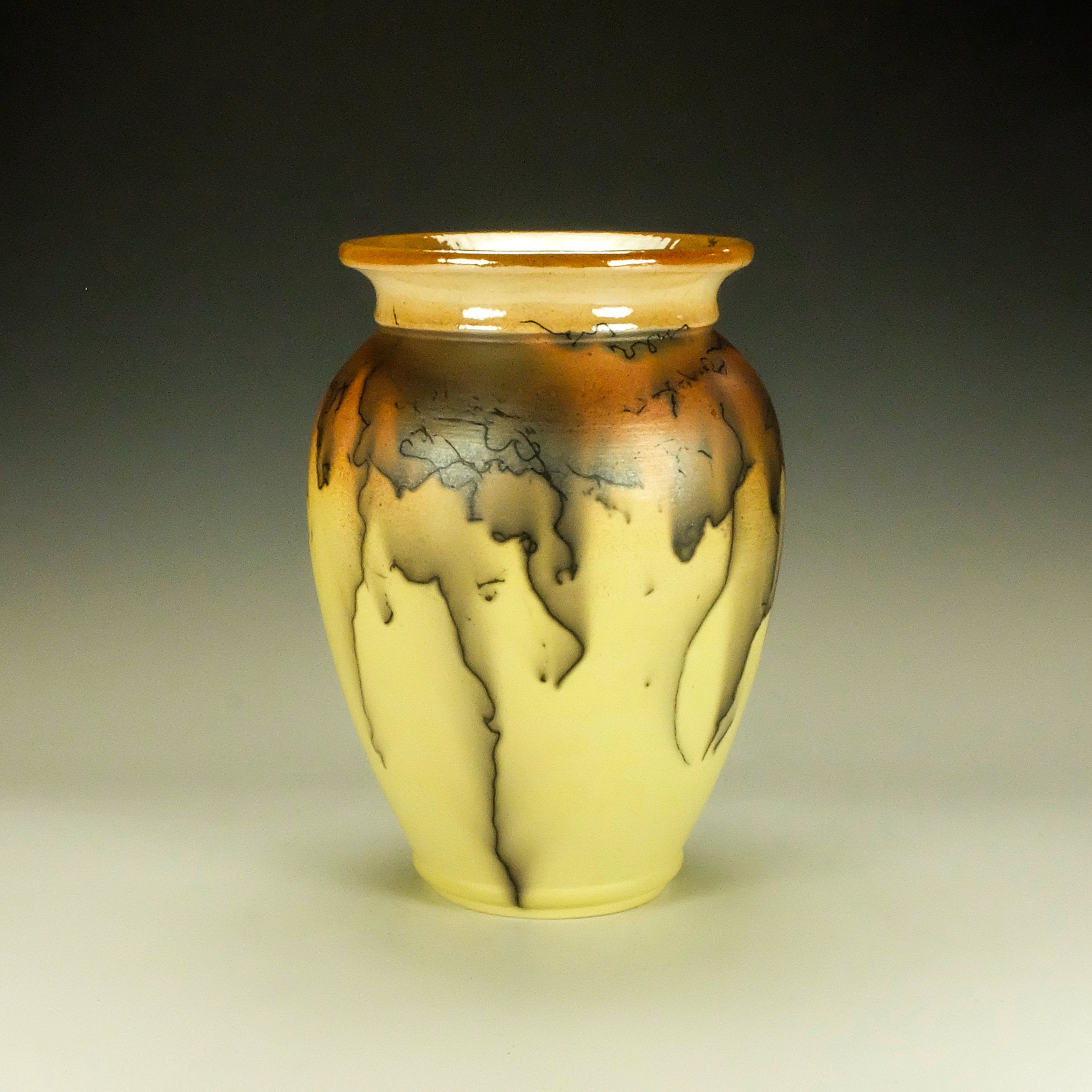 Bright Yellow Horsehair Raku Pottery with Glazed Lip