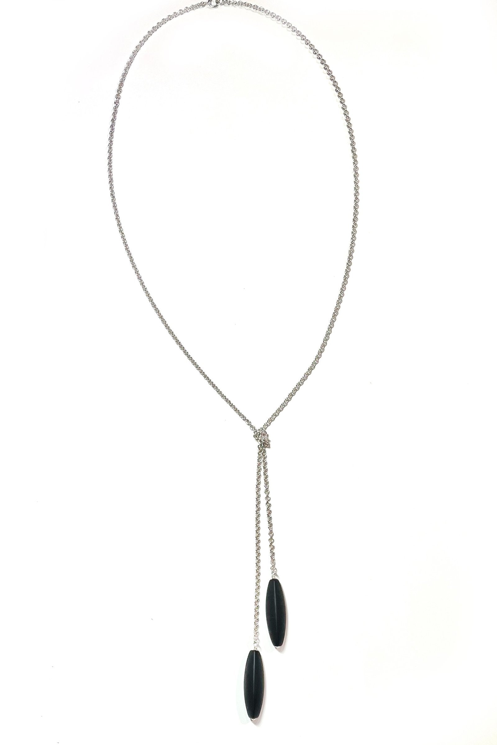 Long Tri-Sided Onyx Drop Silver Necklace