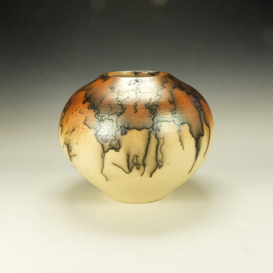 Round Mustard Yellow Horsehair Raku Jar