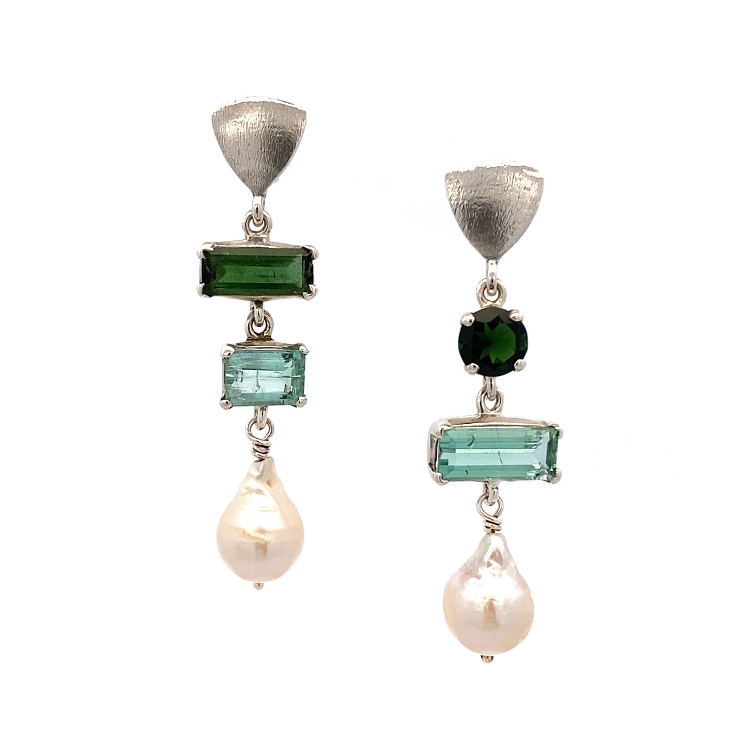 Mixed Tourmaline & Pearl Triangle Top Earrings