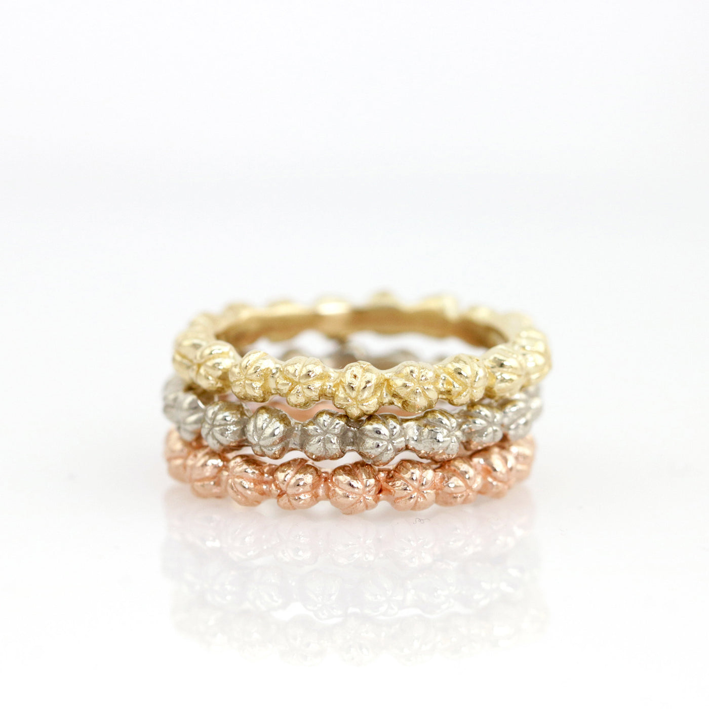 top to bottom: 14k rose gold, white gold, yellow gold