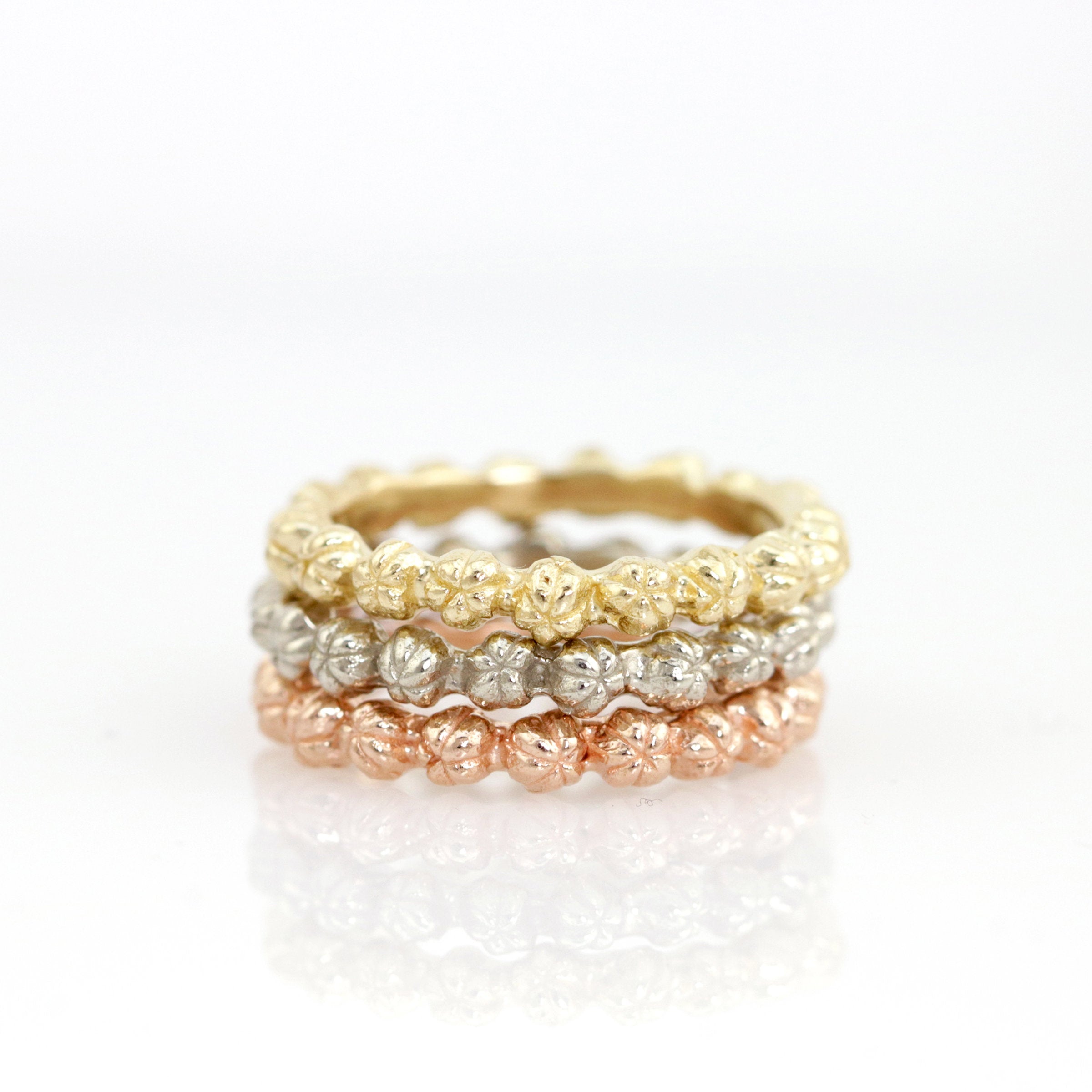 top to bottom: 14k rose gold, white gold, yellow gold