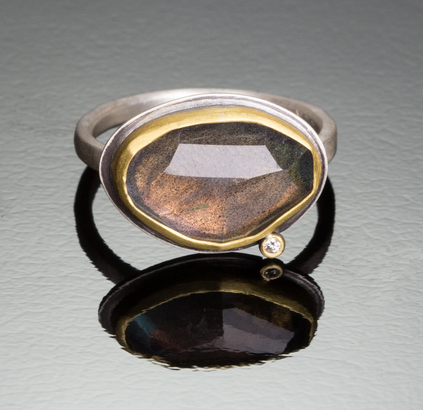 Rose Cut Labradorite Ring with Diamond Dot