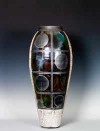 Raku Vase with Circle Ladder Motif in Orange