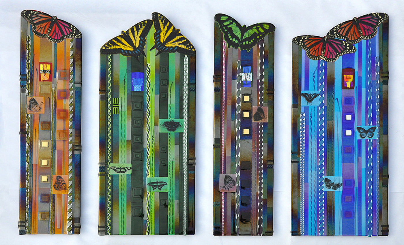 panels left to right: orange, green, purple, blue