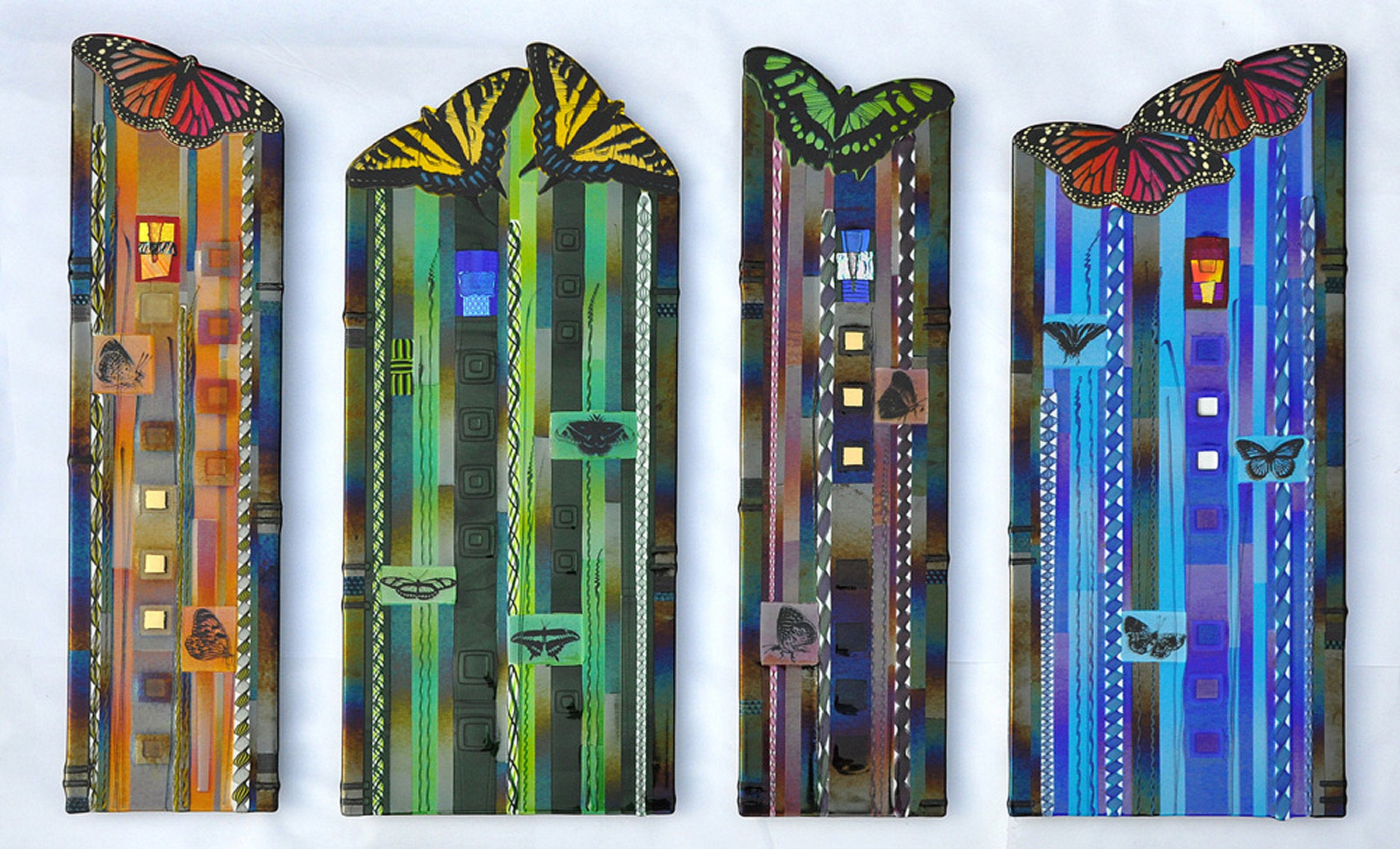 panels left to right: orange, green, purple, blue