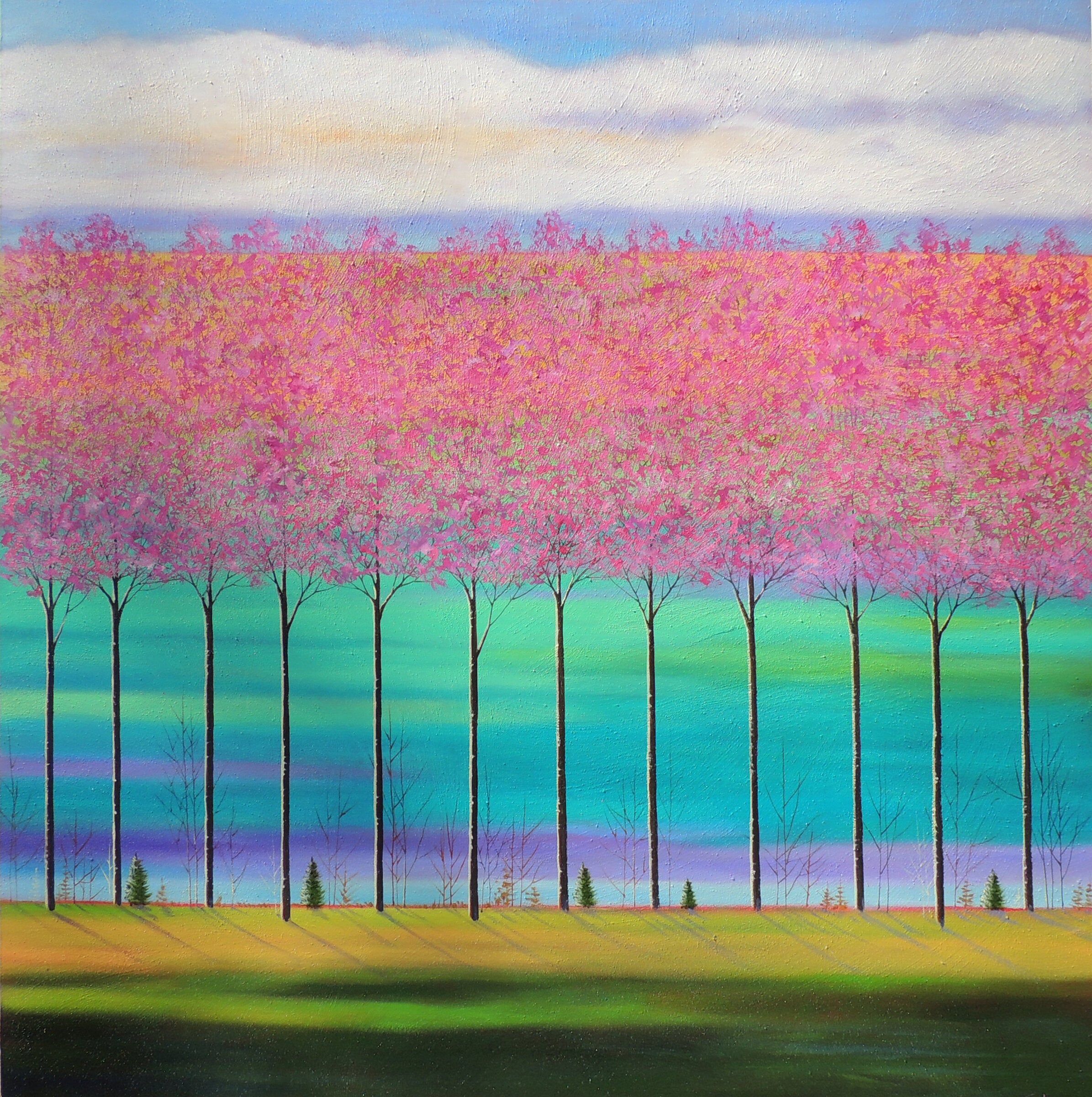 The Pink Trees on Teal-Green