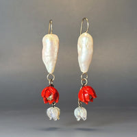 Red Blooms with Pearl Earrings