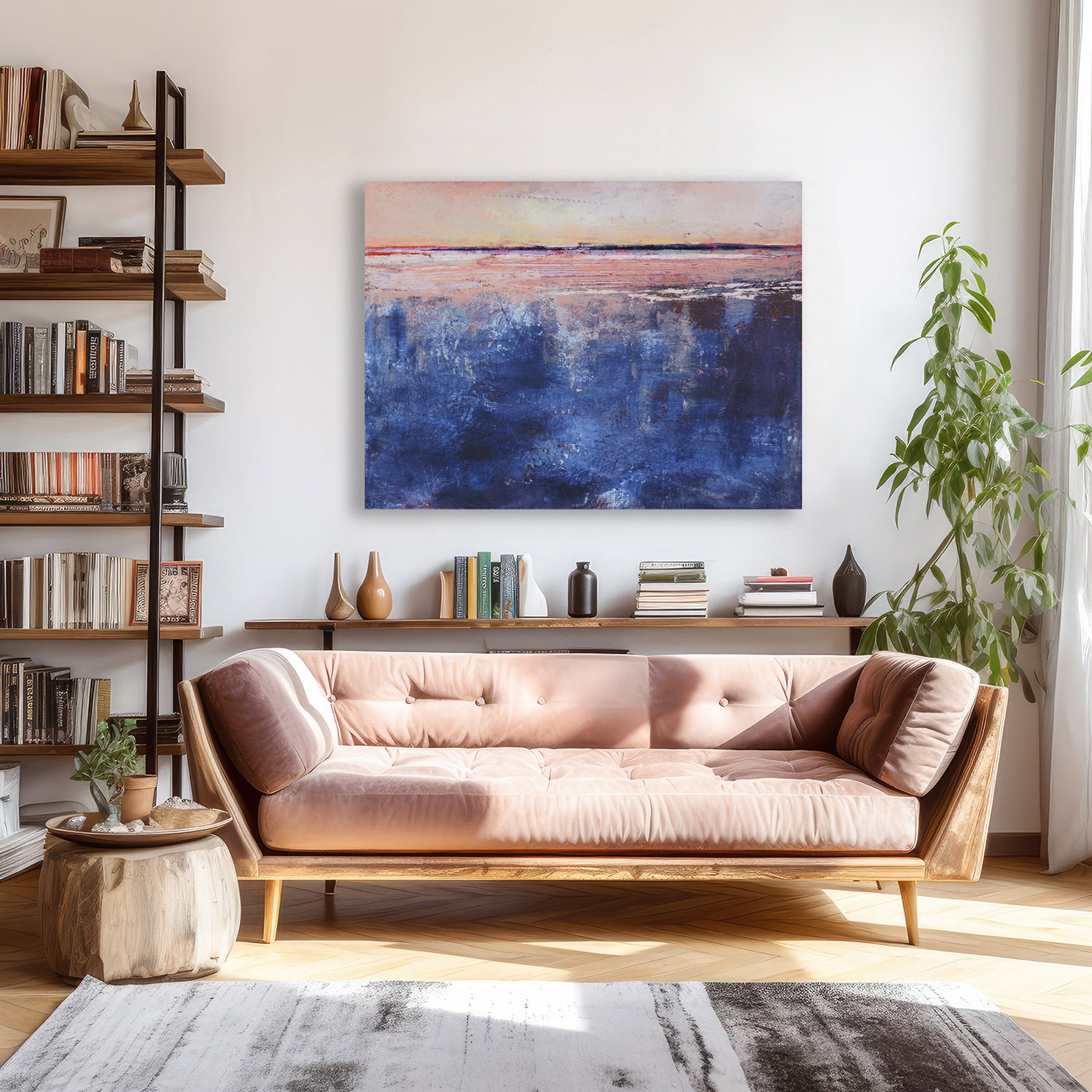 "Blue Curacao" blue abstract landscape painting in living room