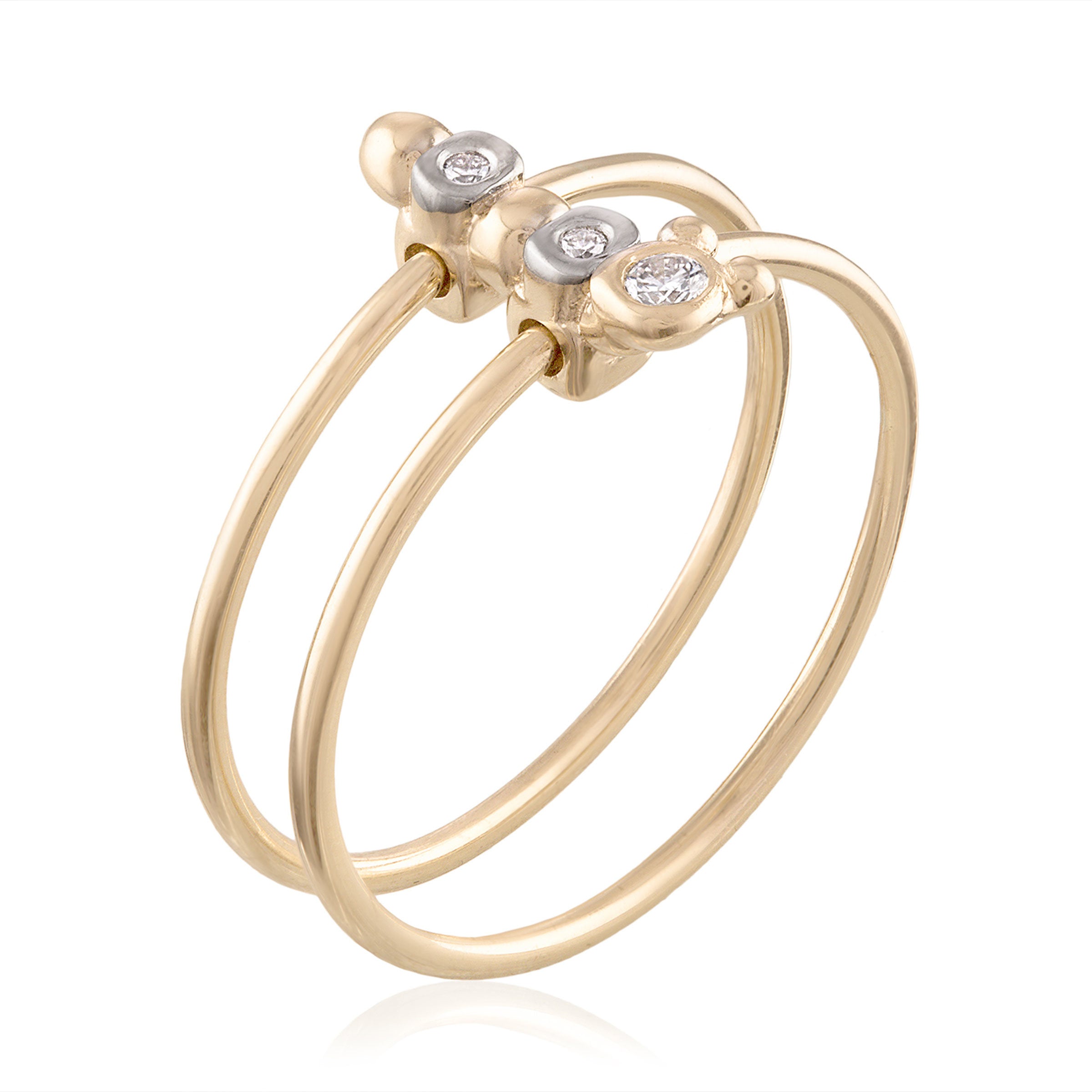 14k Yellow Gold Caterpillar Diamond Two Band Ring