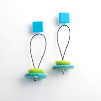 Blue Squares & Drop Disc Earrings