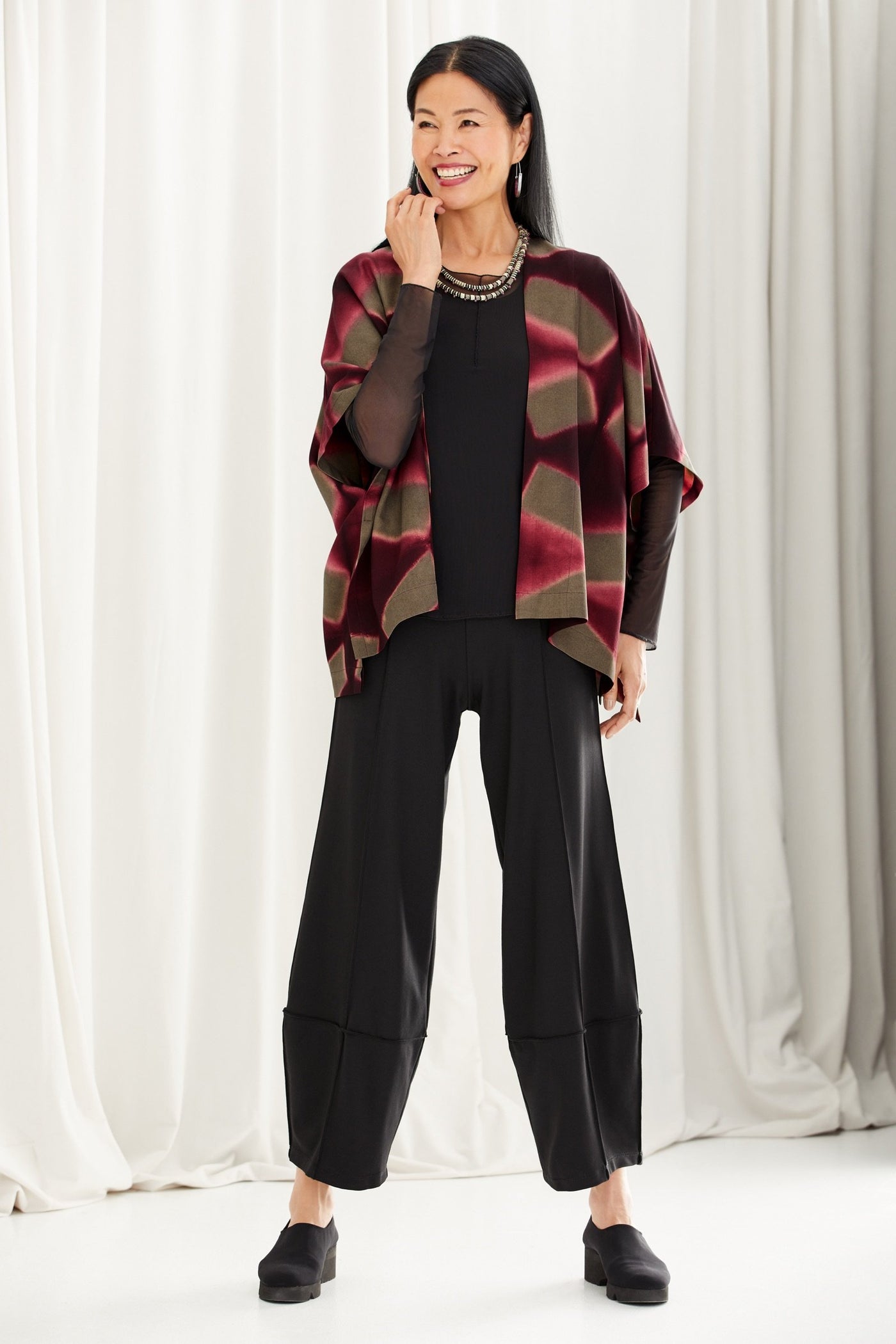 clay/bordeaux, shown with the essential mesh layering tee by cynthia ashby, the ponte dugout pant by spirithouse, and the wanderlust shoe by thierry rabotin