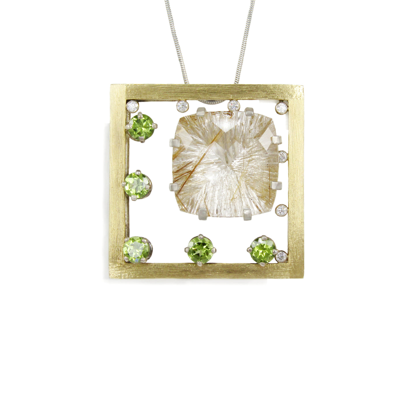 Large Rutilated Quartz Pendant with Peridot Necklace