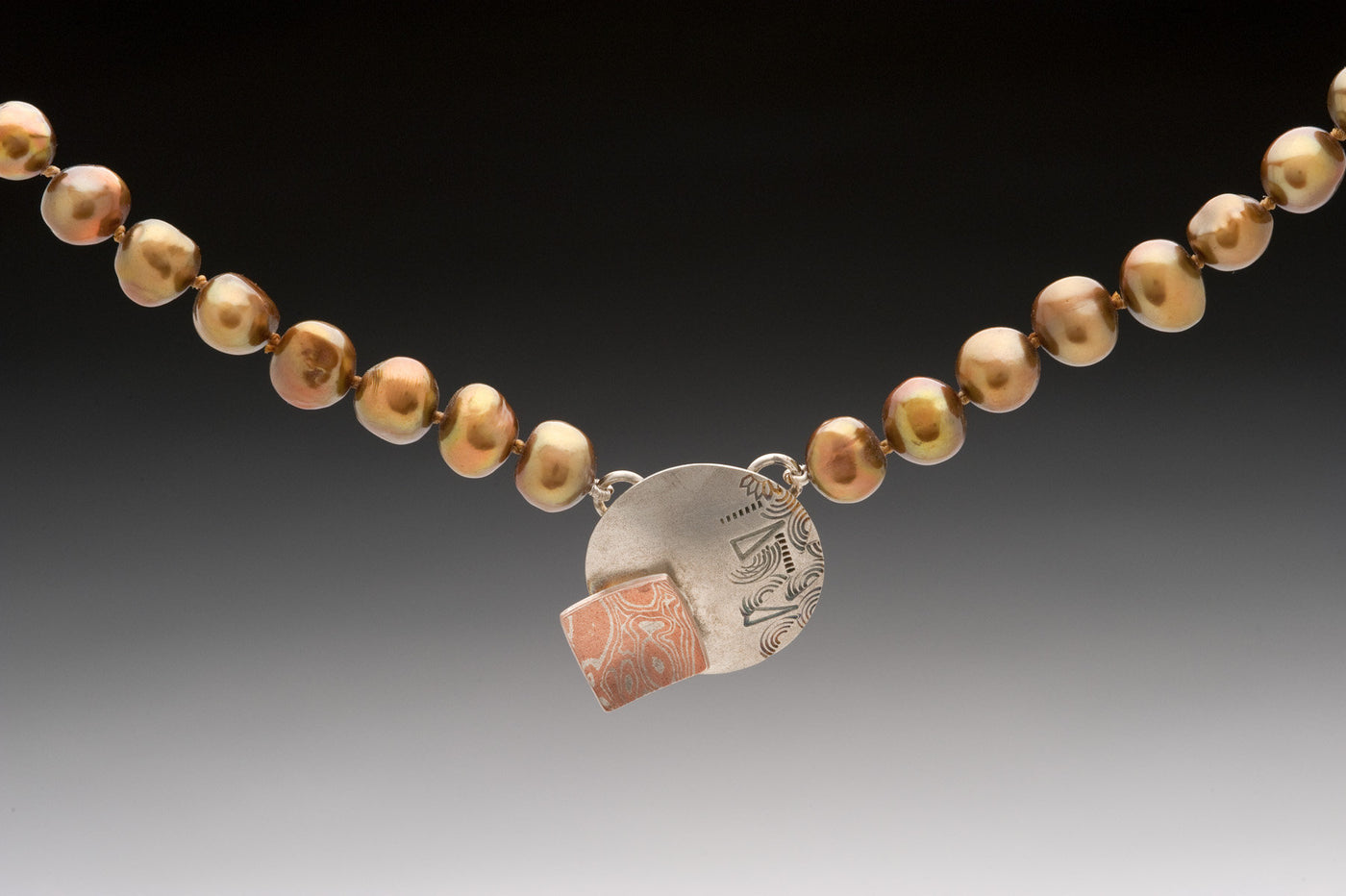 Pearl Necklace with Sterling Silver and Mokume Disk