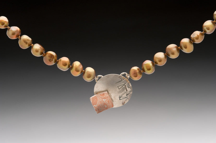Pearl Necklace with Sterling Silver and Mokume Disk