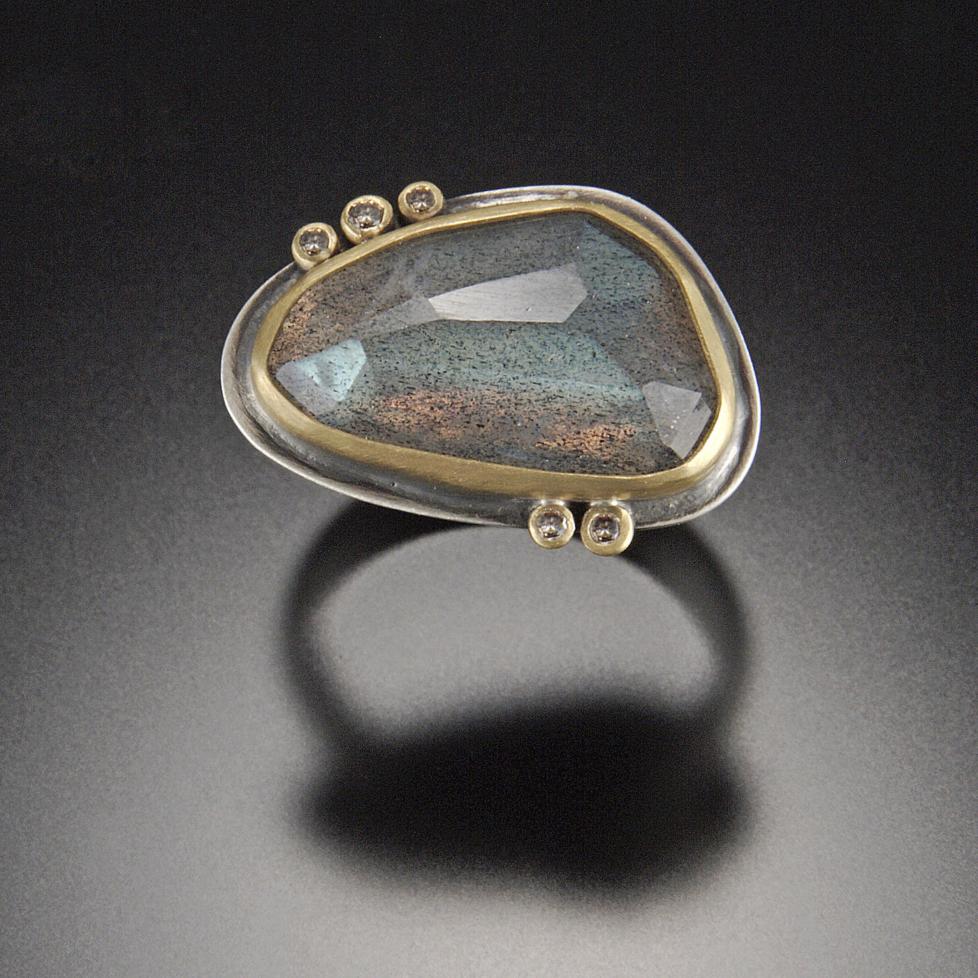 Rose Cut Labradorite Ring with Five Diamond Dots
