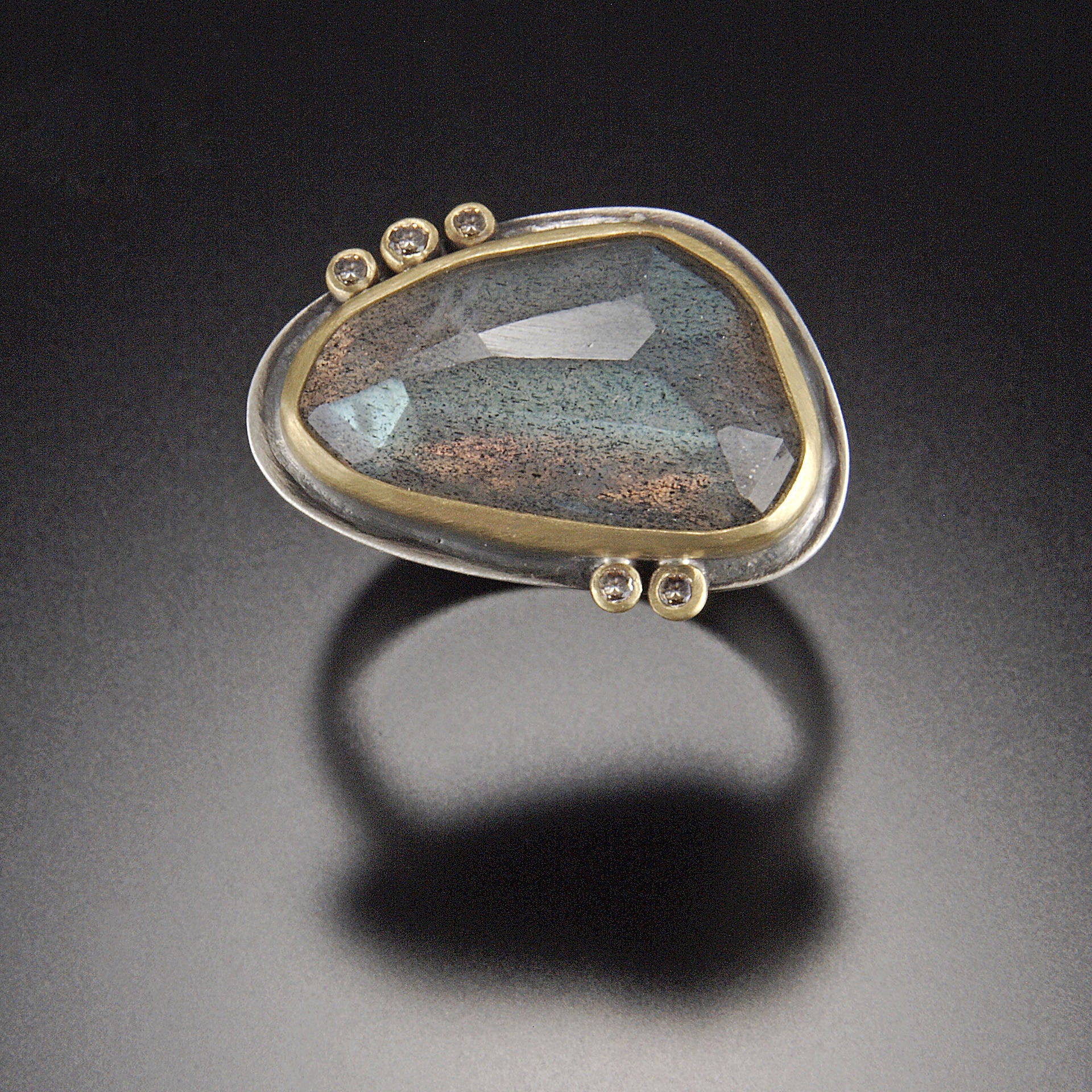 Rose Cut Labradorite Ring with Five Diamond Dots