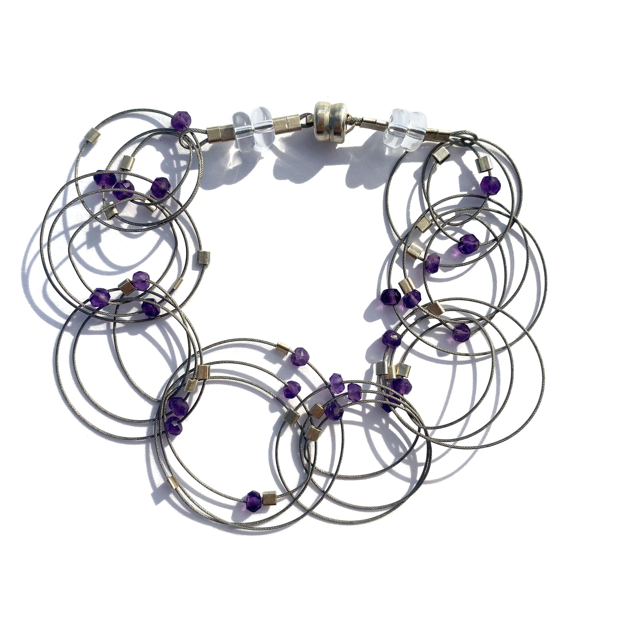 Amethyst on Steel Cable with Silver Hardware