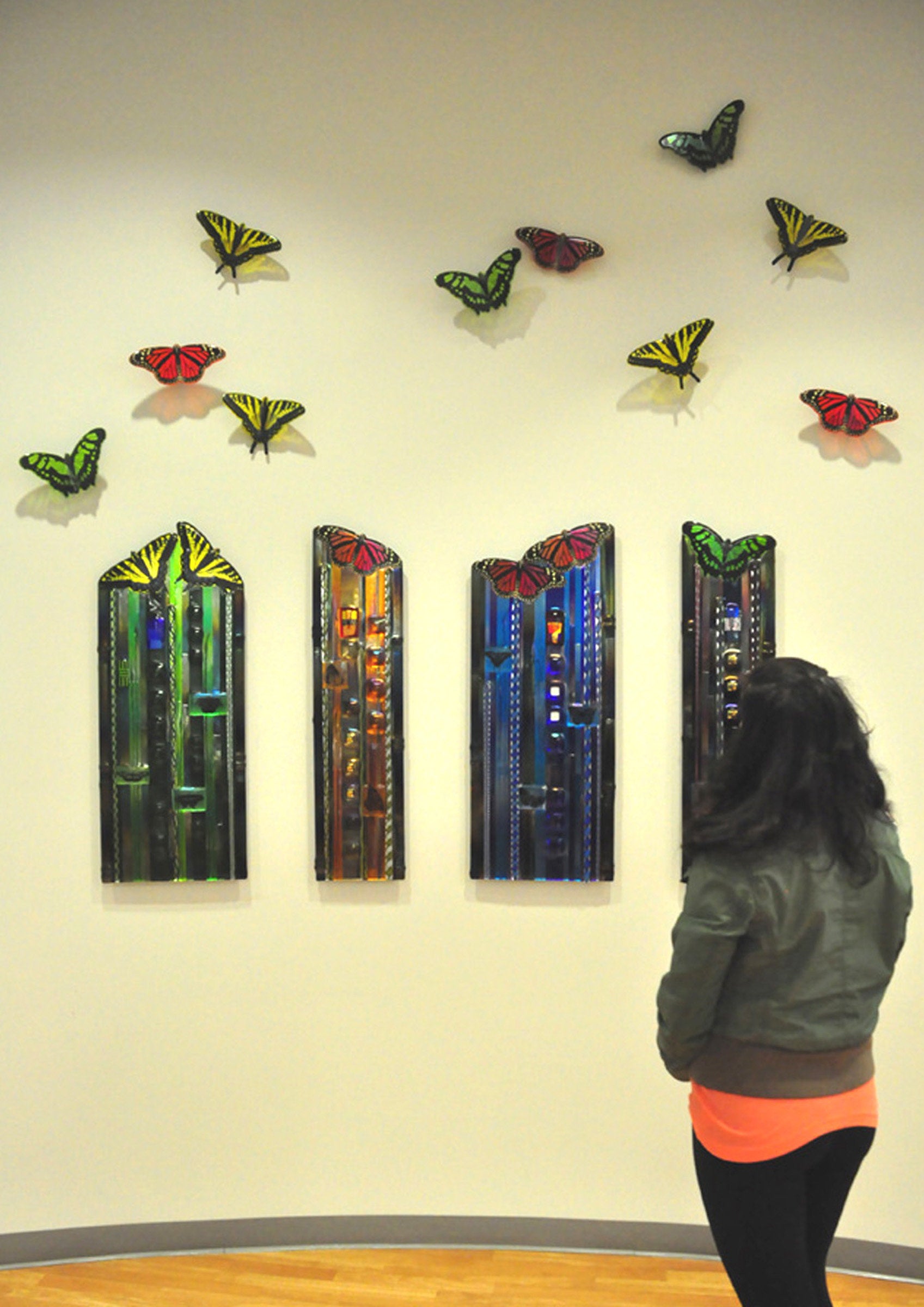 Set of Four Panels and Ten Butterflies; panel colors left to right: green, orange, blue, purple