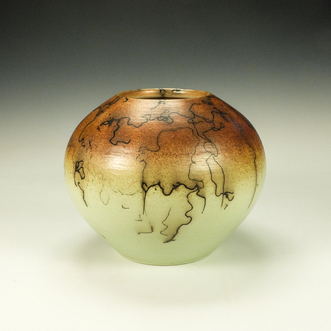 Round Orange and Green Horsehair Raku Vessel