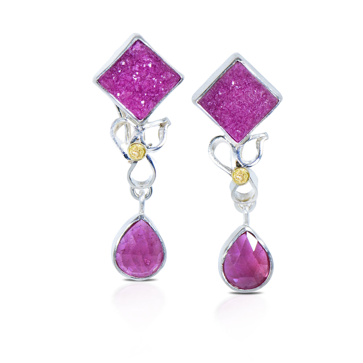 Pink Sapphire  & Druzy Silver Drop Earrings