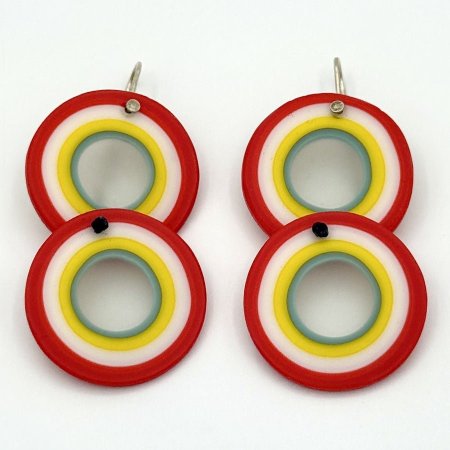 Red, Turquoise & Yellow Lined Circles Earrings