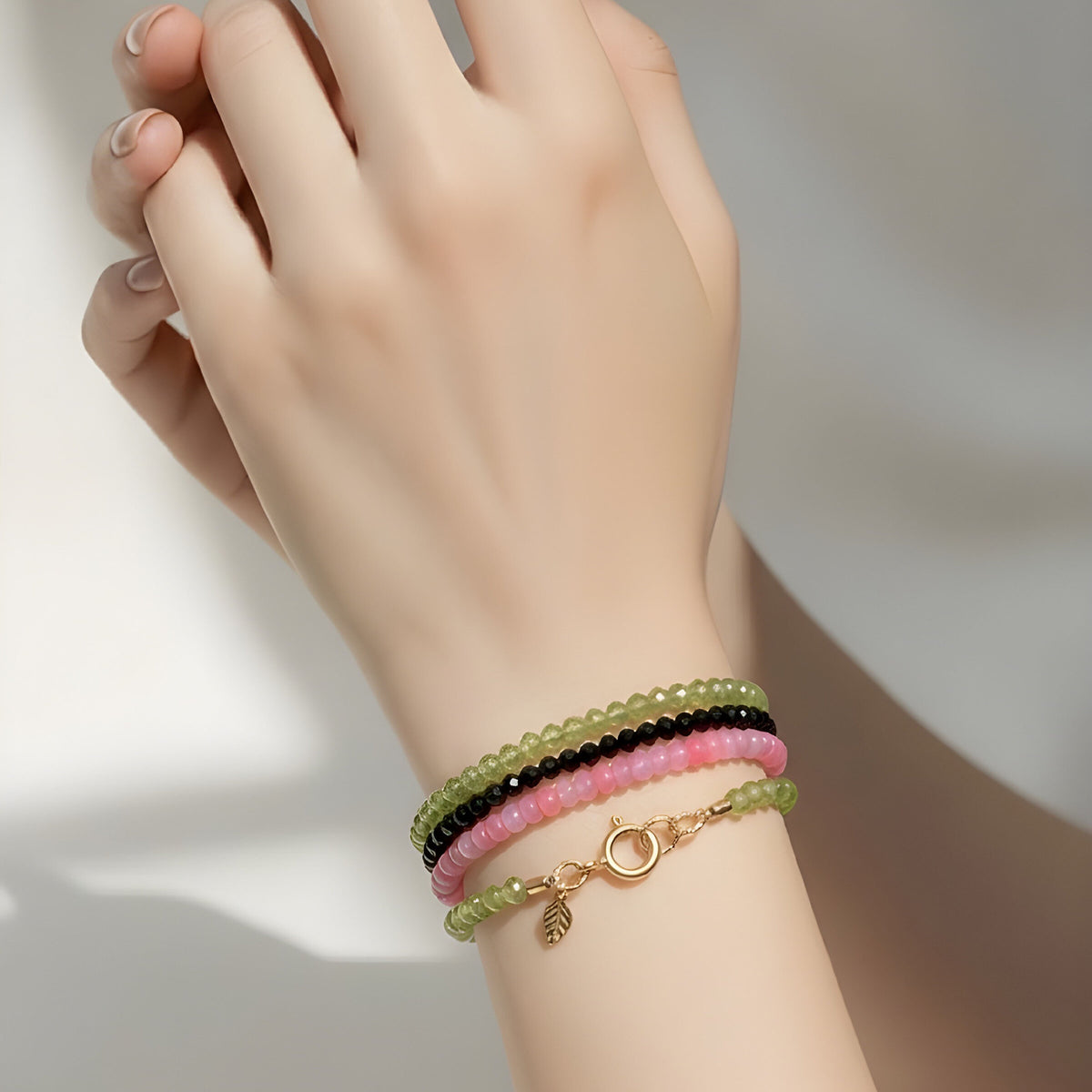 Triple Wrap Pink Opal, Peridot & Spinel Bracelet