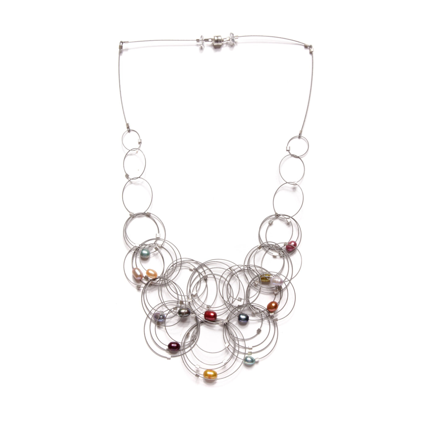 Rainbow Pearl, Steel Cable & Silver Details