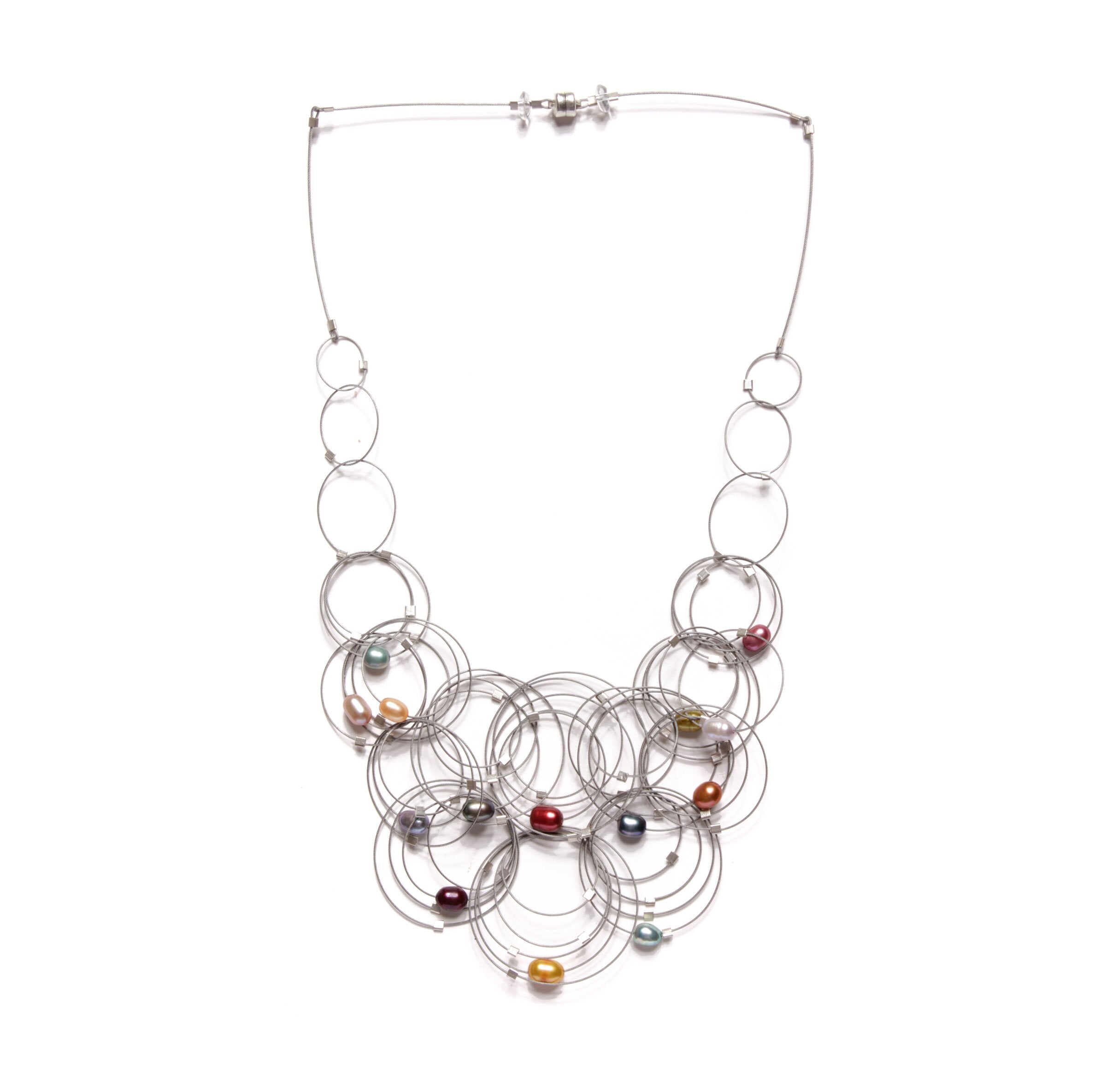 Rainbow Pearl, Steel Cable & Silver Details