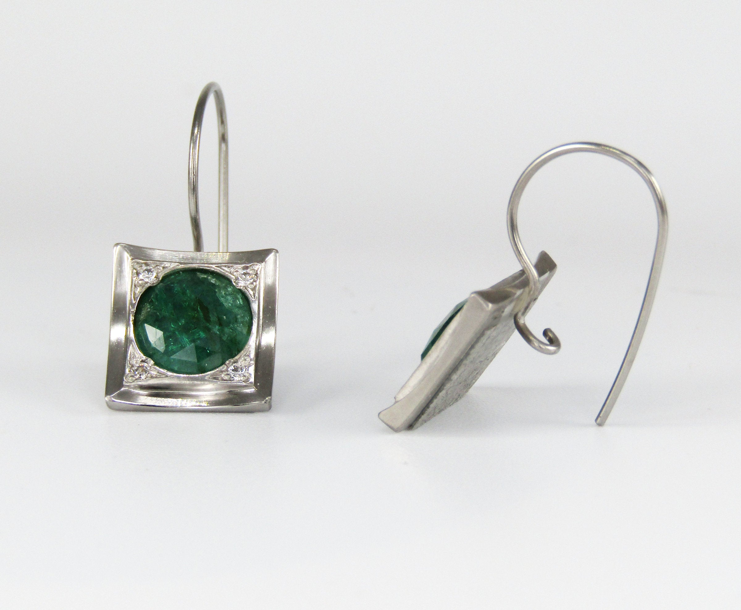 Contemporary Rose Cut Emerald and Diamond Earrings
