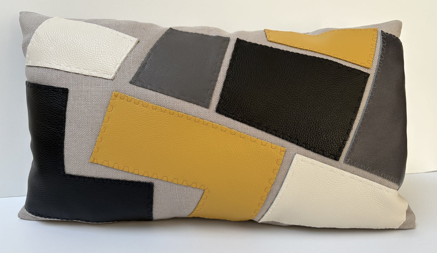Leather Mosaic Applique Long Lumbar Pillow