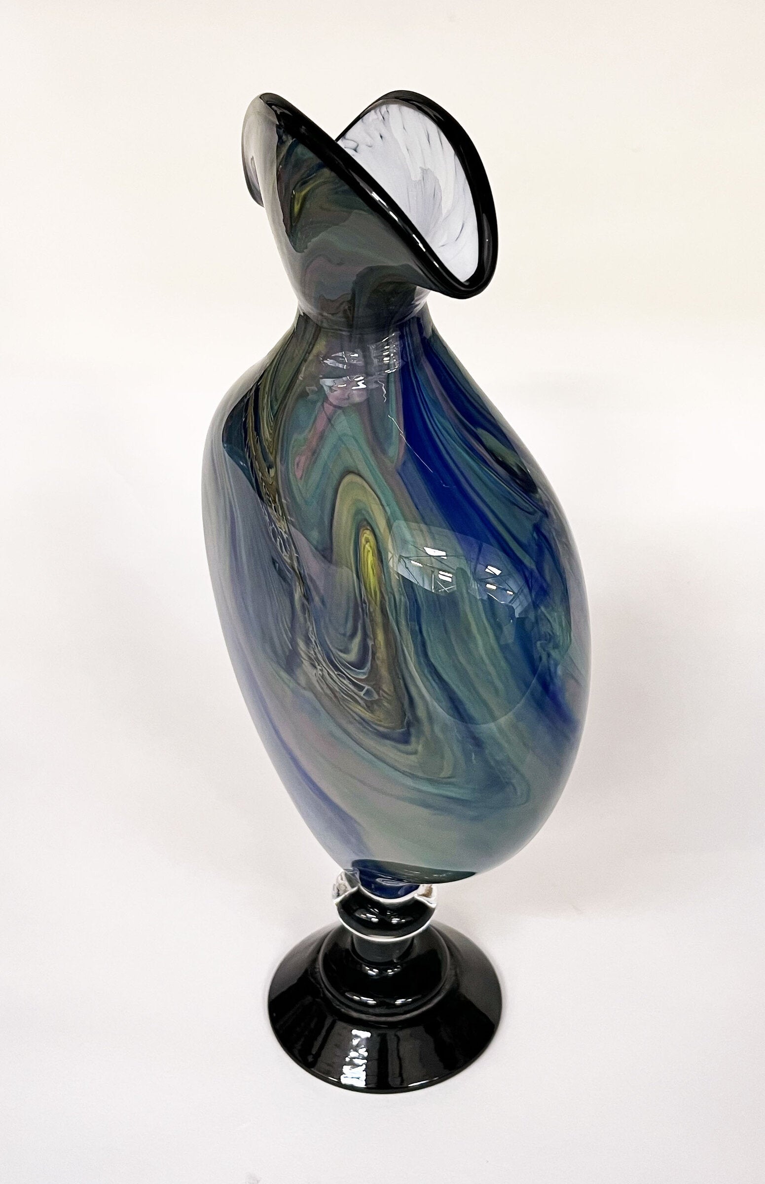 Blue Marbled Flattened Vase with Black Foot