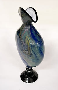 Blue Marbled Flattened Vase with Black Foot