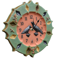 Raven and Crow Ceramic Wall Clock in Terracotta and Patina Green