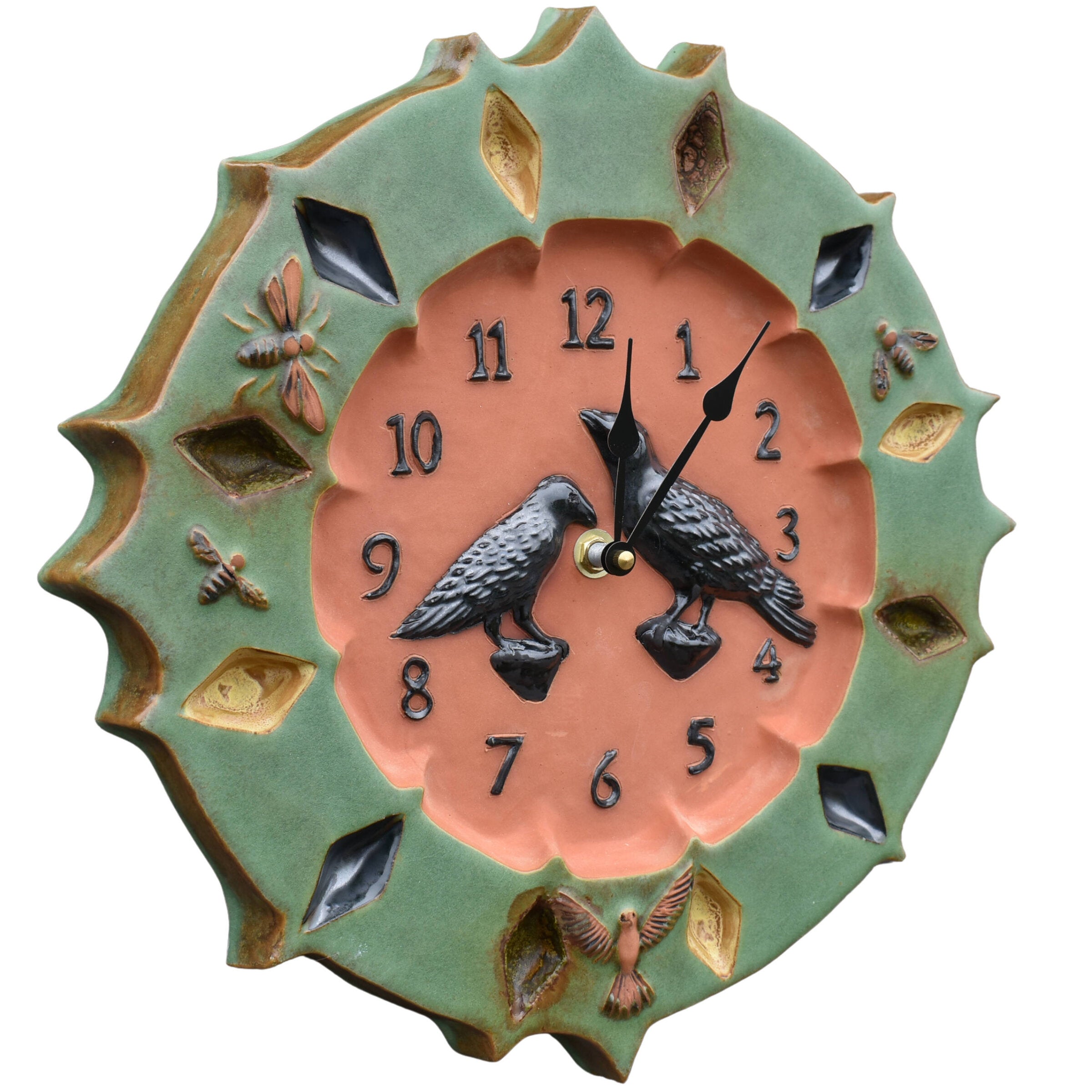 Raven and Crow Ceramic Wall Clock in Terracotta and Patina Green