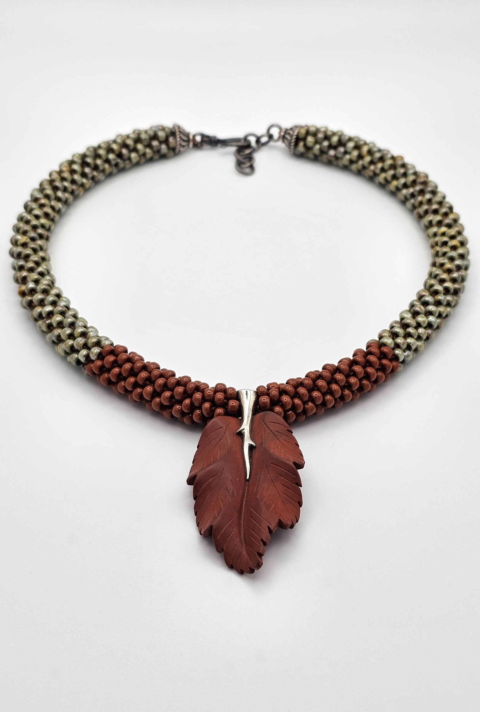 Brick, Olive & Red Jasper Leaf Pendant